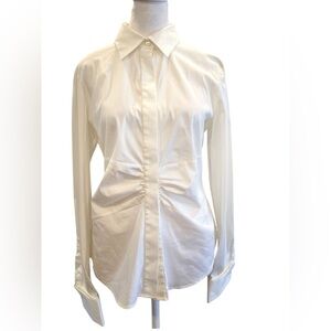Theory Off White Stretch Cotton Ruched Waist Hidden Placket Blouse L Minimalist